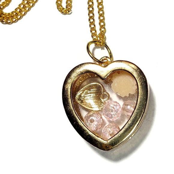 Fun Gold Plated Locket Necklace with Peach Flower, Pink Beads and Gold Heart - Picture 13 of 13